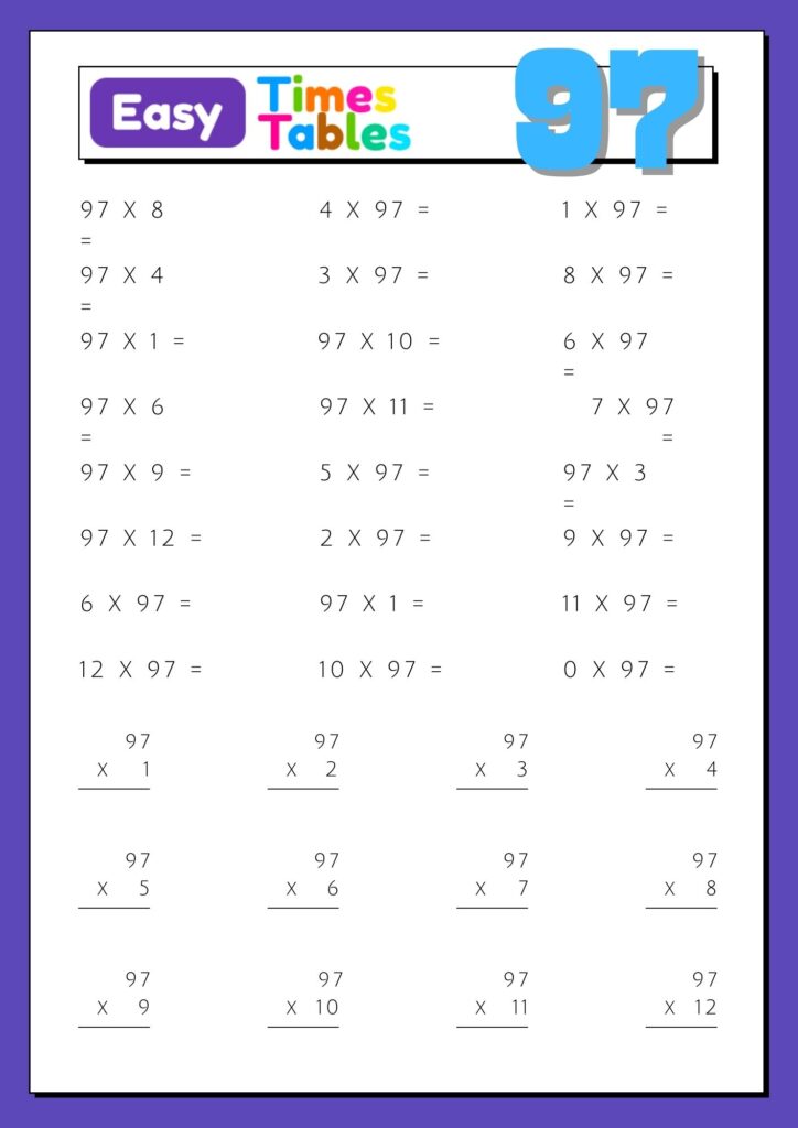 Images with printable exercises of multiplication table 97
